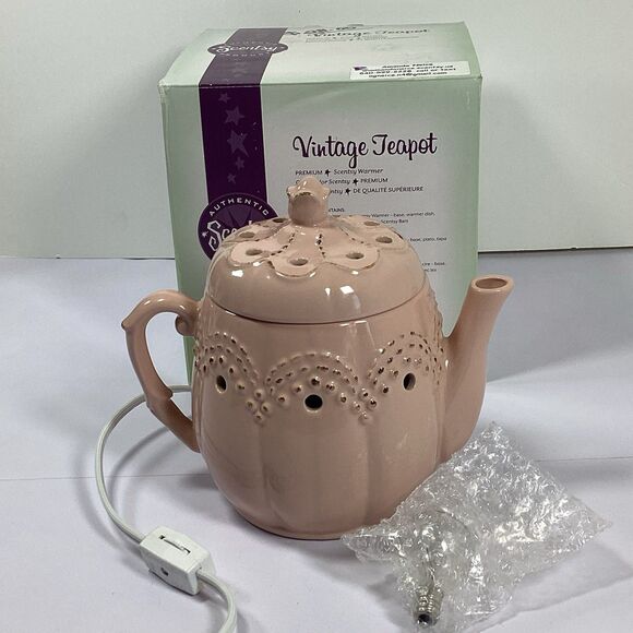 Scentsy Wax Warmer Vintage Teapot Retired Rose Pink Tested Working 6.5" - Picture 1 of 16